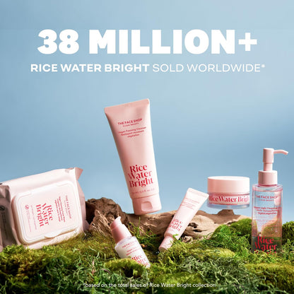 Cosmetic products with 'Rice Water Bright' branding on a natural background