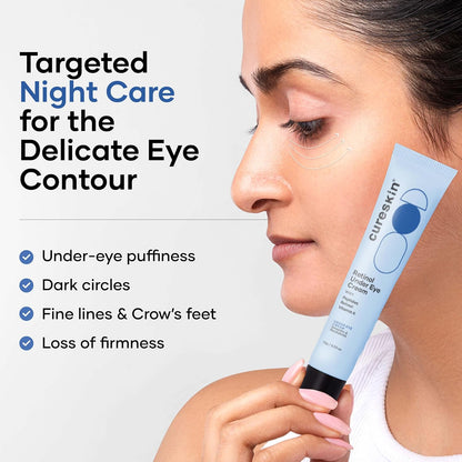 Woman holding a tube of Cureskin eye cream with product features listed.