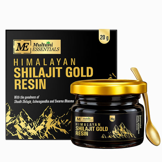 Multani Essentials Himalayan Shilajit Gold Resin packaging with jar and spoon on a white background