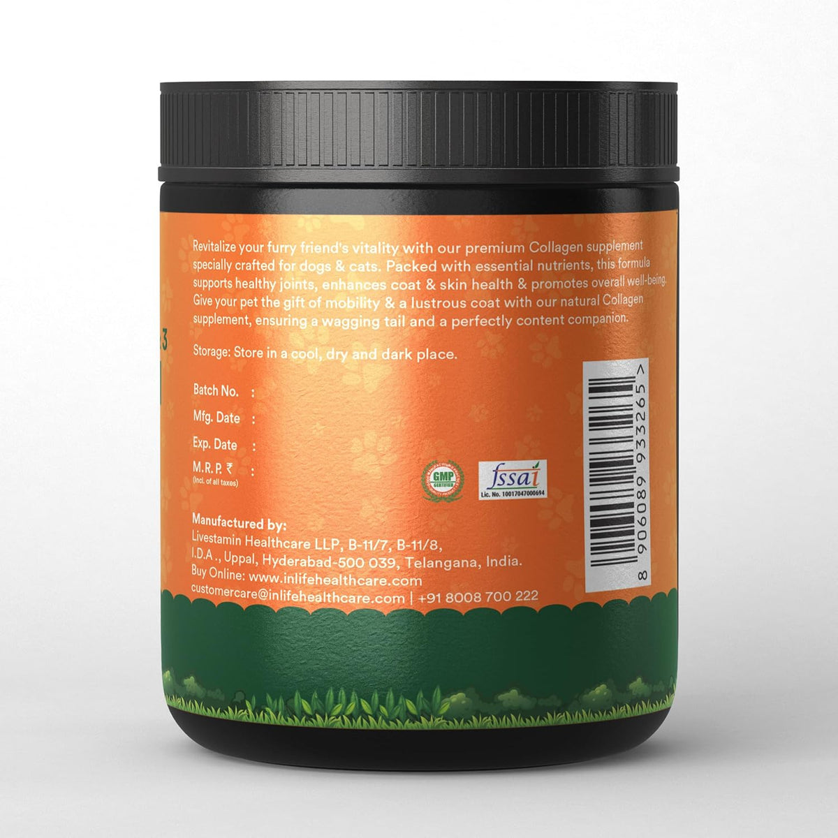INLIFE Collagen Peptides Supplement Dogs Cats, Glucosamine 200g Orange | Joint Lubrication, Synovial Fluid, Immune Health, Antioxidant Activity, Human Grade, Palatable