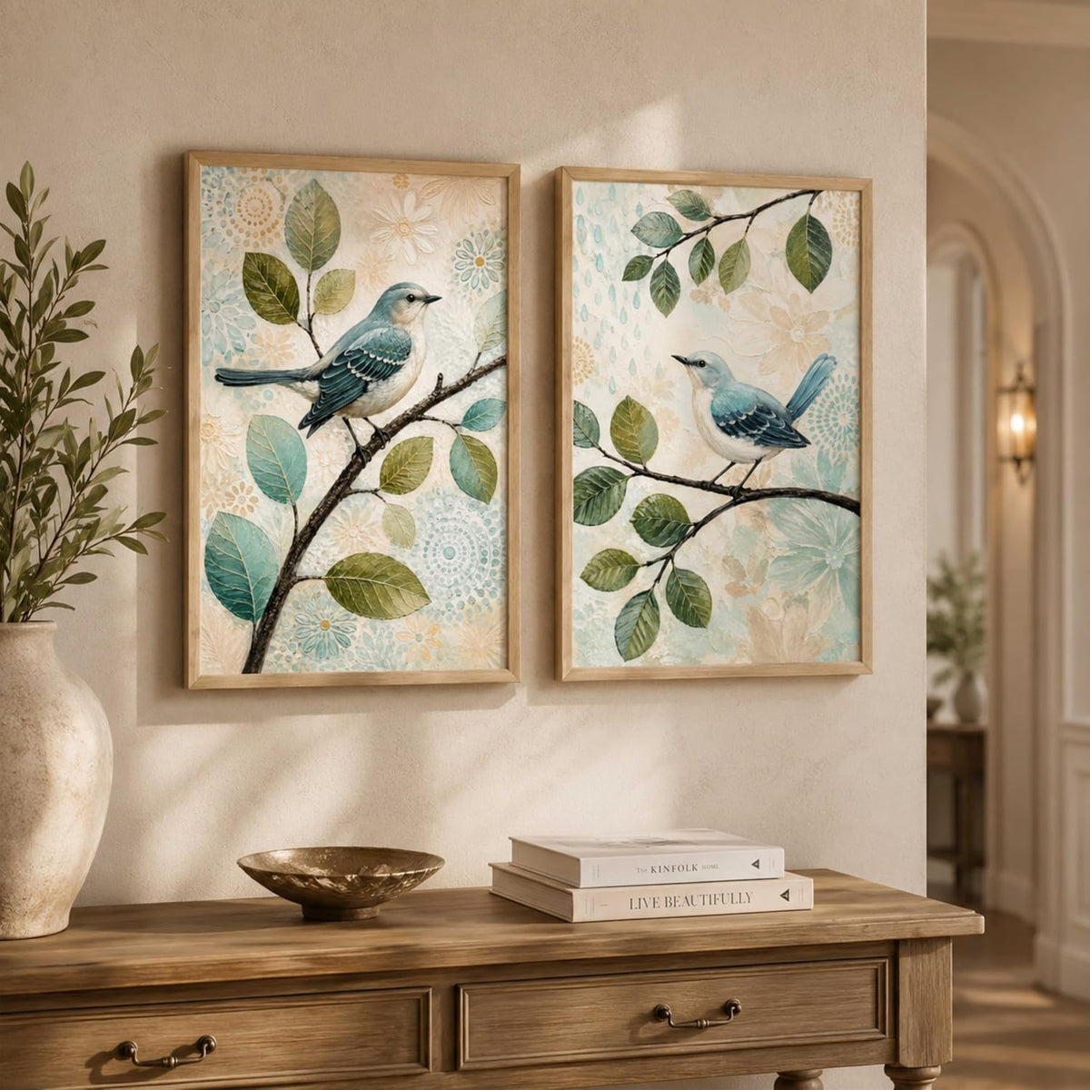 Set of 2 Blue Bird Botanical Wall Paintings with Sparkle Laminate, Premium Wooden Synthetic Frame, Nature Leaf Art for Living Room Bedroom Decor (13.5 x 19.5 Inch) NM02-185