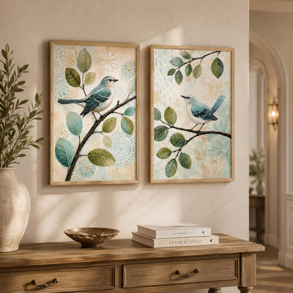 Set of 2 Blue Bird Botanical Wall Paintings with Sparkle Laminate, Premium Wooden Synthetic Frame, Nature Leaf Art for Living Room Bedroom Decor (13.5 x 19.5 Inch) NM02-185