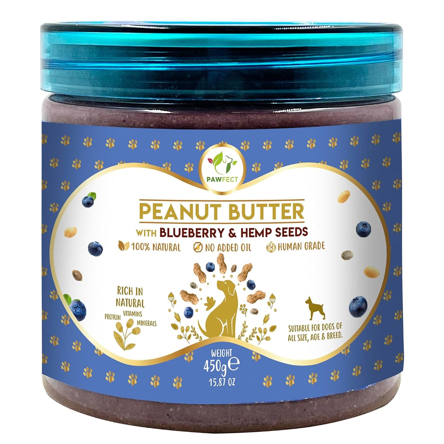 Pawfect Peanut Butter with Blueberries & Hempseeds for Dogs & Puppies - 100% Natural Lickable Treat - No Added Sugar, Salt, Palm Oil - No Sweeteners, No Xylitol - Healthy Dog Treat - 450g/15.87oz