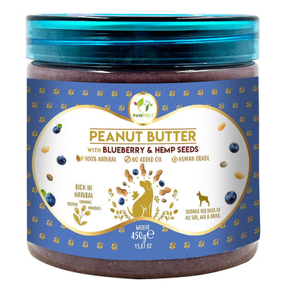 Pawfect Peanut Butter with Blueberries & Hempseeds for Dogs & Puppies - 100% Natural Lickable Treat - No Added Sugar, Salt, Palm Oil - No Sweeteners, No Xylitol - Healthy Dog Treat - 450g/15.87oz