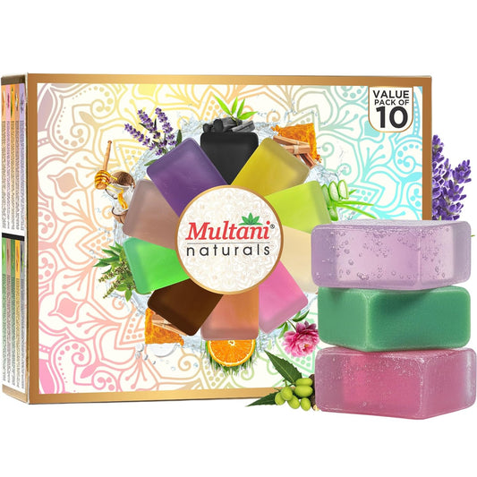 Multani Natural Assorted Soap Gift Set - 125 gm (Pack Of 10) | Refreshing & Gentle Cleansing Soap Bar | For Deep Cleansing & Glow | Paraben Free | Clinically Tested | For All Skin Types | Glycerin Soap Bar For Men & Women