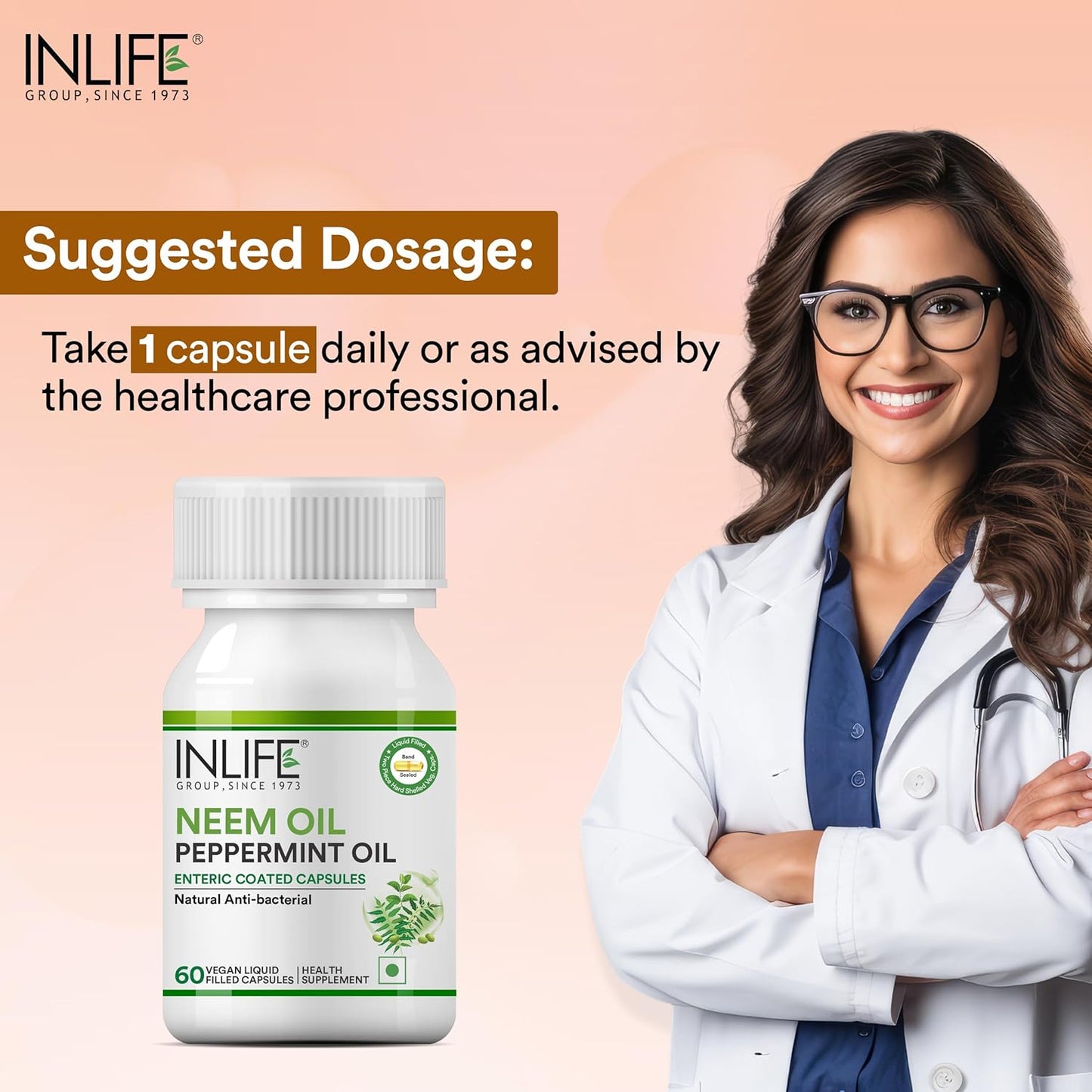 INLIFE Neem Oil 350mg with Peppermint Oil 150mg | Digestive Health & Skin, Hair Care Supplement | Enteric Coated Capsules – 60 Liquid Filled Vegetarian Capsules (Pack of 1, 60)