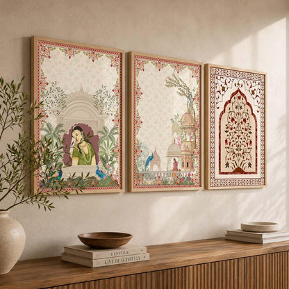 Indian Traditional Madhubani Wall Art Painting With Frame Pichwai Art Home Decoration For Living Room Bed Room Hotel Wall Decor Digital Reprint Set of 3 (13X17 inch)