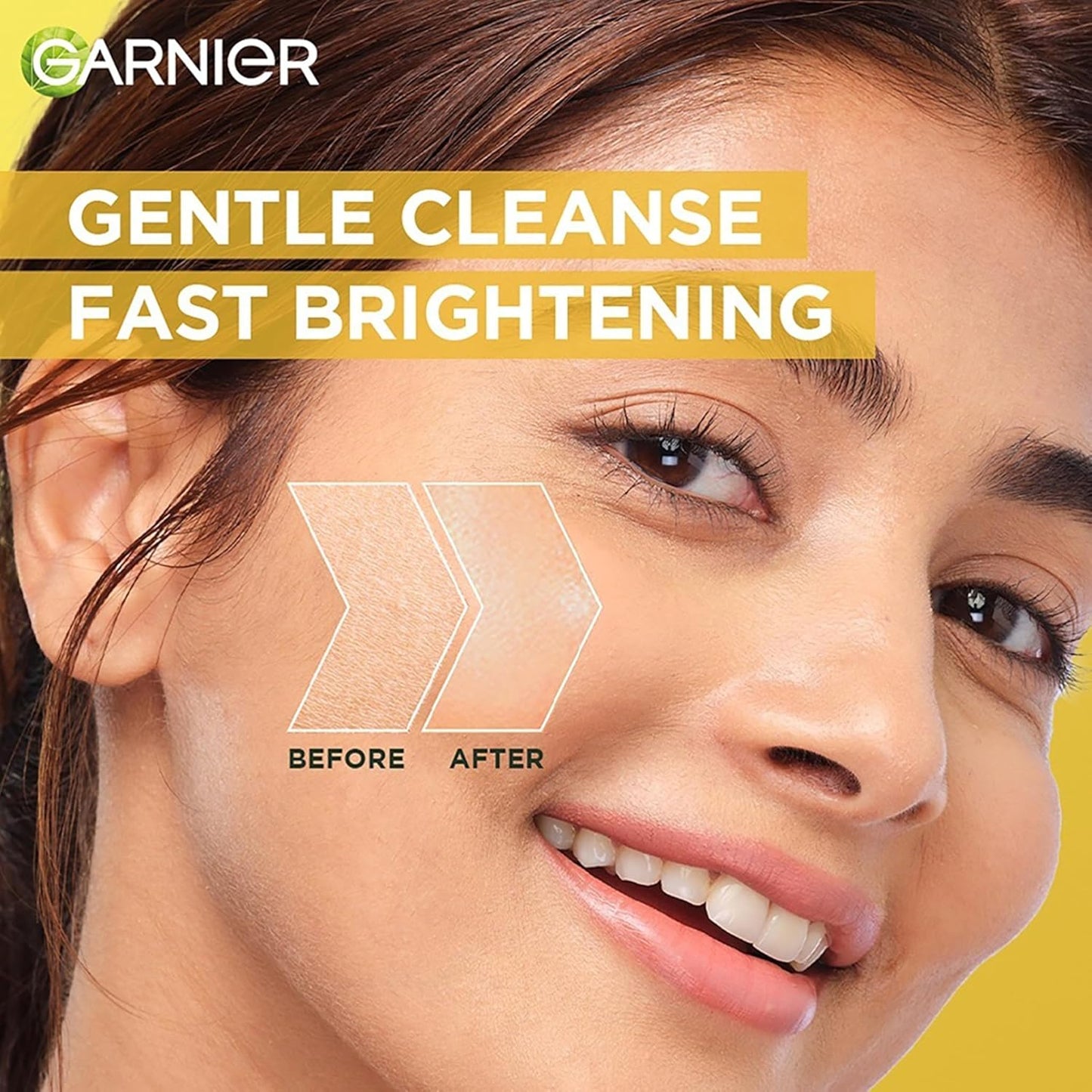 Garnier facial cleanser advertisement showing a woman's face with 'Before' and 'After' effects on a yellow background.