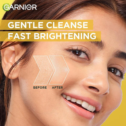 Garnier facial cleanser advertisement showing a woman's face with 'Before' and 'After' effects on a yellow background.