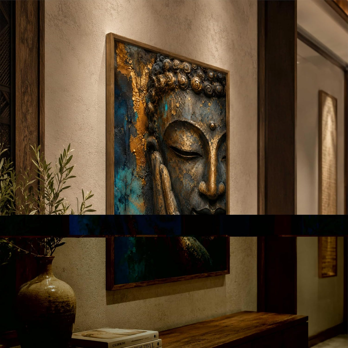 Buddha Face Wall Painting for Living Room Bedroom Hall Office Decor, Peaceful Spiritual Artwork with Sparkle Laminate and Premium Wooden Synthetic Frame (13.5 x 19.5 Inch) NM01-4097