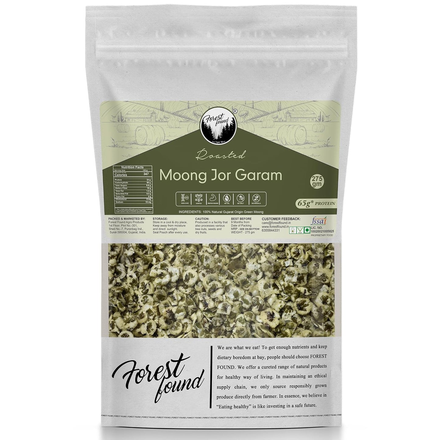 Forest Found Roasted Moong Jor Garam | Vacuum Roasted Green Mung Snack | Healthy & Crunchy Green Gram Snack (275g) | Protein & Fiber Rich | Oil-Free, Roasted (Not Fried) Snack
