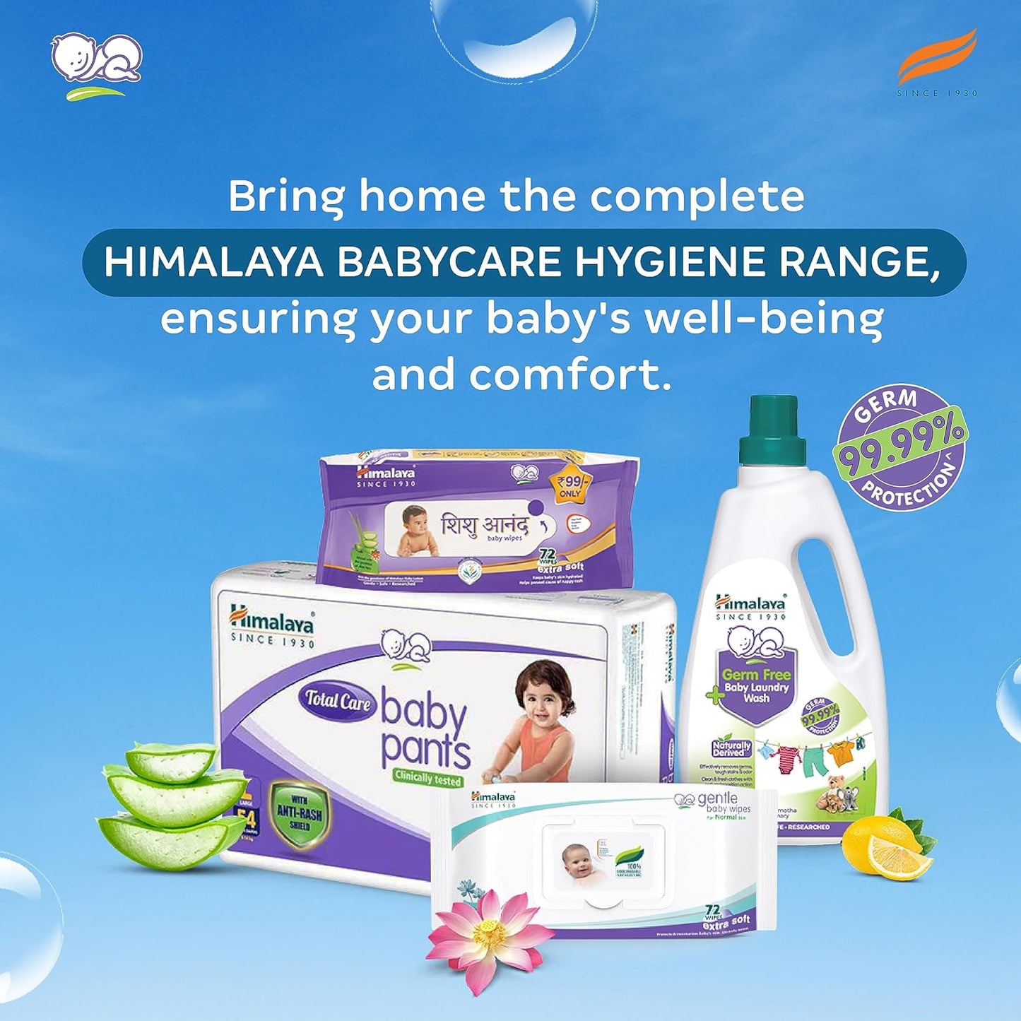 Himalaya Babycare hygiene products including diapers, baby pants, and laundry detergent on a blue background with text promoting their range.