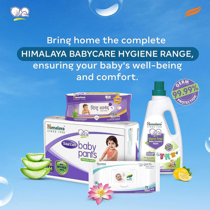 Himalaya Babycare hygiene products including diapers, baby pants, and laundry detergent on a blue background with text promoting their range.