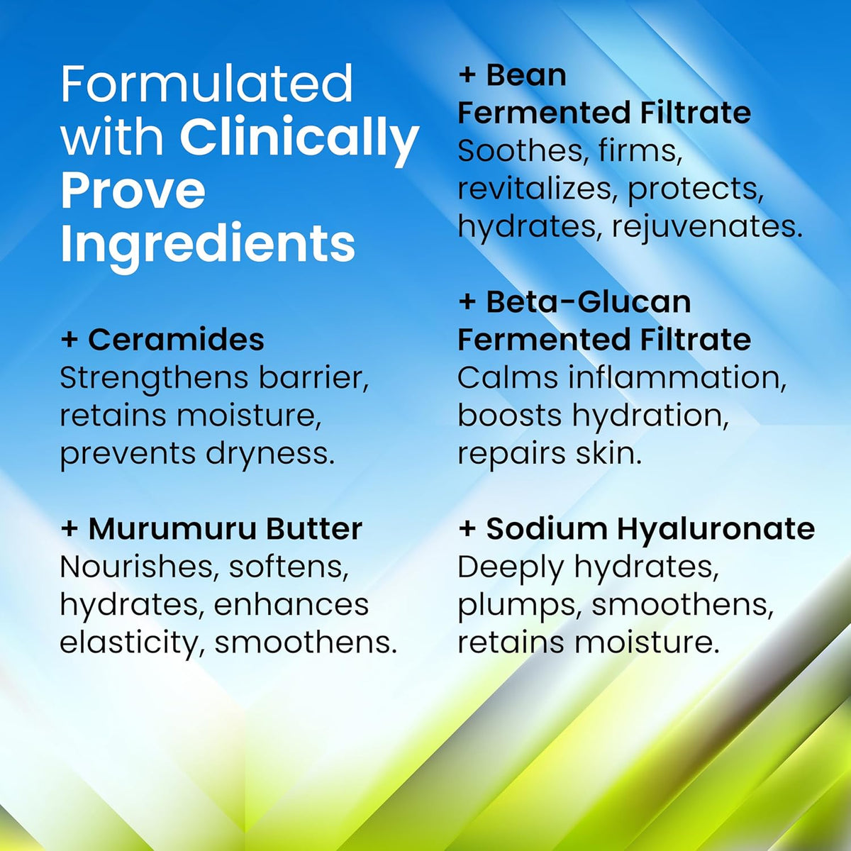 List of skincare ingredients with their benefits on a blue and green gradient background