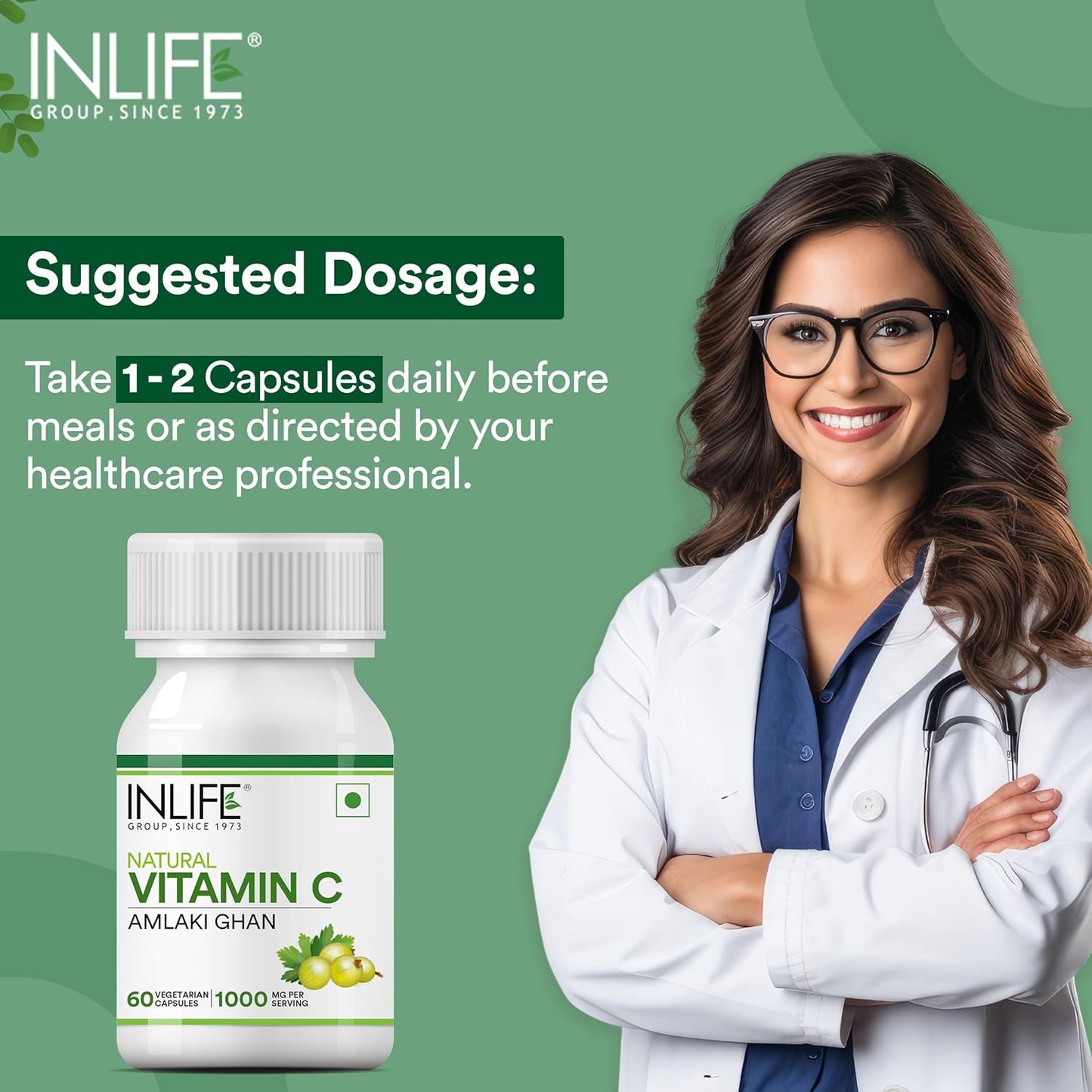 INLIFE Natural Vitamin C Amla Extract Supplement | Immunity, Overall Wellness for Men and Women - 60 Vegetarian Capsules (Pack of 1, 60)