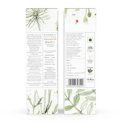 SADHEV Sunscreen Gel SPF 50 PA+++ Gel | Broad Spectrum UVA & UVB Protection | No White Cast | Non-Comedogenic | Reduces Pigmentation & Blemishes | Zinc Oxide, Moringa & Liquorice | 50ml