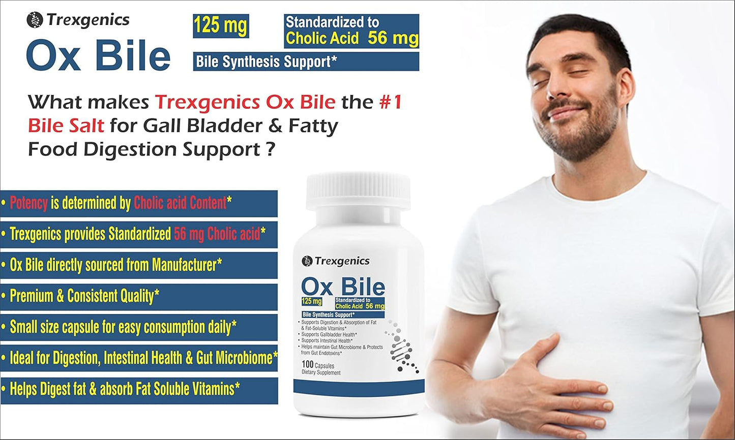Trexgenics BILE EXTRACT 125 mg 45% CHOLIC ACID Bile Synthesis Support (100 Capsules) (Pack of 1).