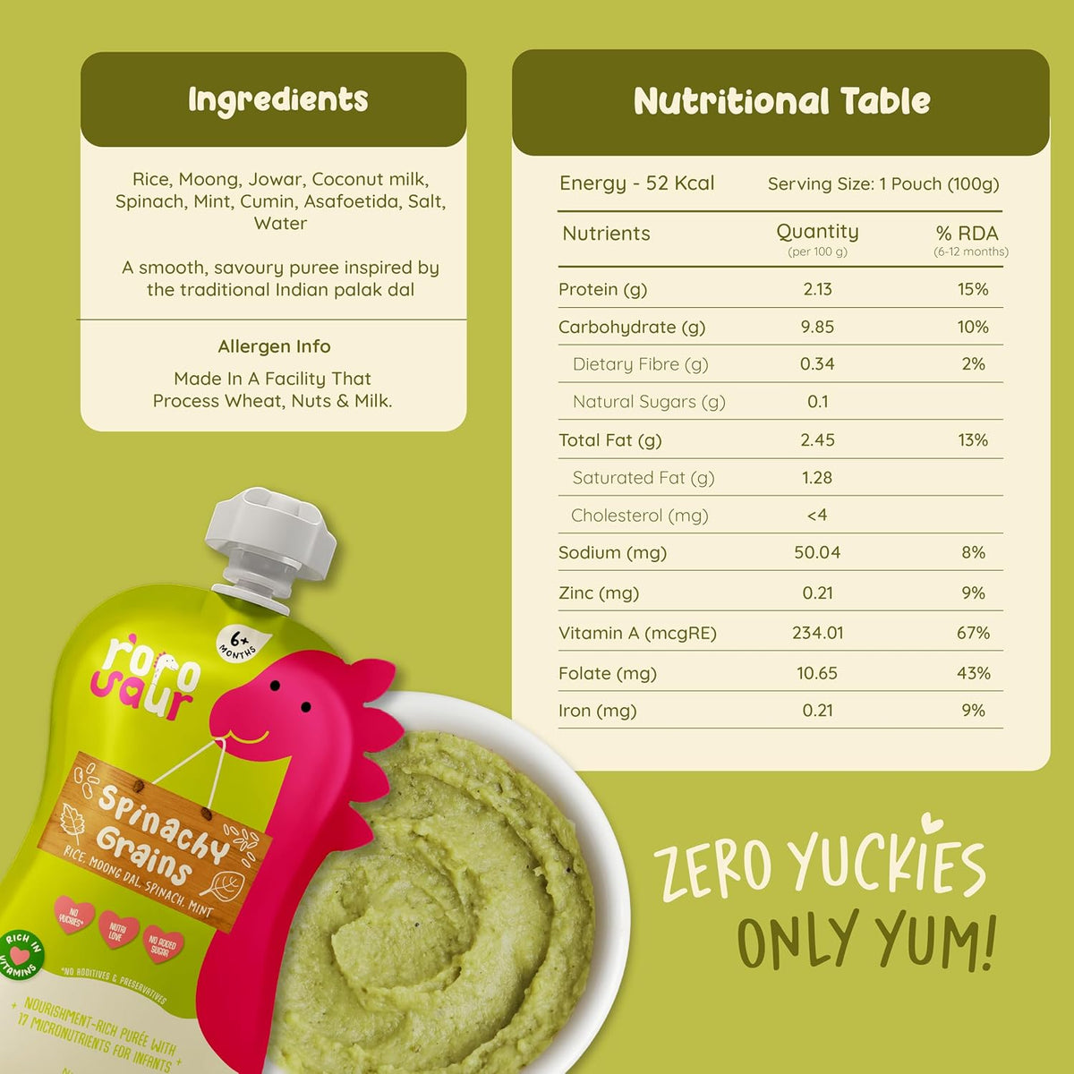 Rorosaur Baby Food Puree Pouch | Ready to Eat Palak Dal with Jowar in Pouch for 6+ Months Baby| Spinach |Easy to Digest, 100% Natural Healthy, No Preservatives, No Sugar, No Salt | 100g each, Pk of 2