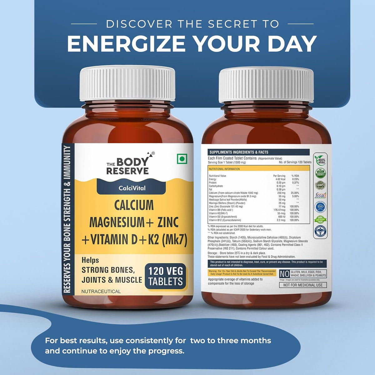 Two bottles of 'The Body Reserve' supplement on a blue background with promotional text.