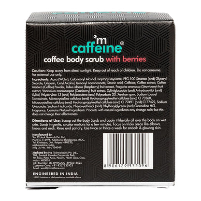Back of a coffee body scrub packaging with text and ingredients list.