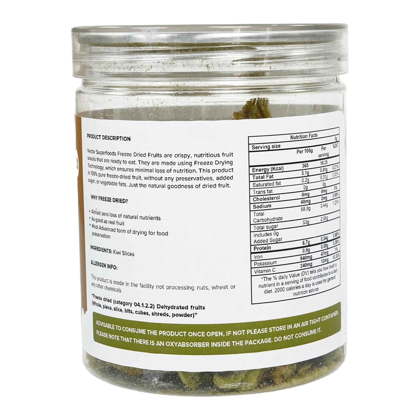 Nectar Superfoods Freeze Dried Kiwi slices- 50 grams Jar-Pack of 1 Nos | 100% Natural & Pure | No Preservatives, No Sugar Added, Vegan | Ideal for Cooking & Seasoning | Made in India