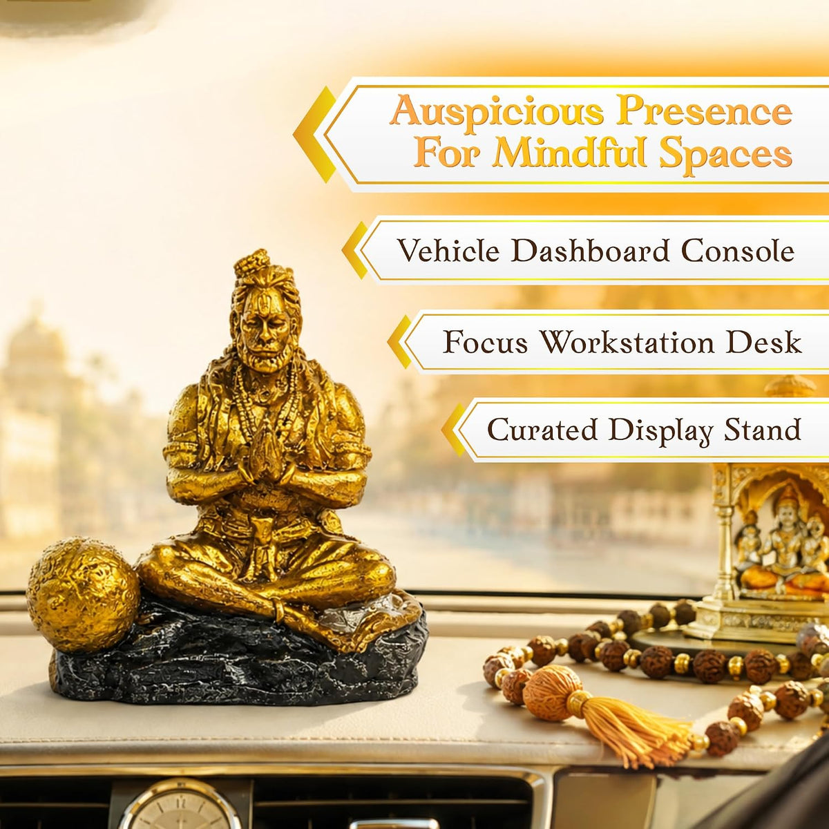 Gold Hanuman Idol for Car Dashboard, 9 cm Resin Hand-Painted Bajrangbali Statue, Hindu Religious Decorative Idol for Car, Home Mandir & Living Room, Spiritual Gift