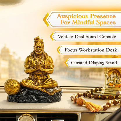 Gold Hanuman Idol for Car Dashboard, 9 cm Resin Hand-Painted Bajrangbali Statue, Hindu Religious Decorative Idol for Car, Home Mandir & Living Room, Spiritual Gift