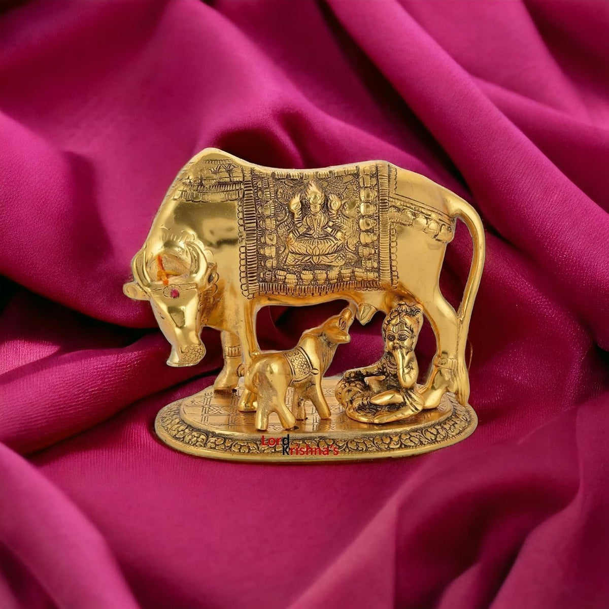 Polyresin Hand Painted Kamdhenu Cow with Calf God Figure Showpiece Decor (Golden, Small Size), 20L x 20W x 29H Centimeters