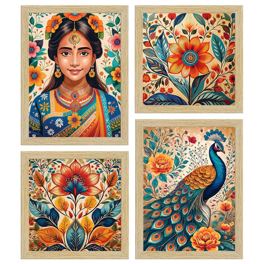 Madhubani Art Paintings with Frame for Home Decor, Indian Wall Painting for Living Room, Multicolor, Natural Wood Color Frames, Set of 4
