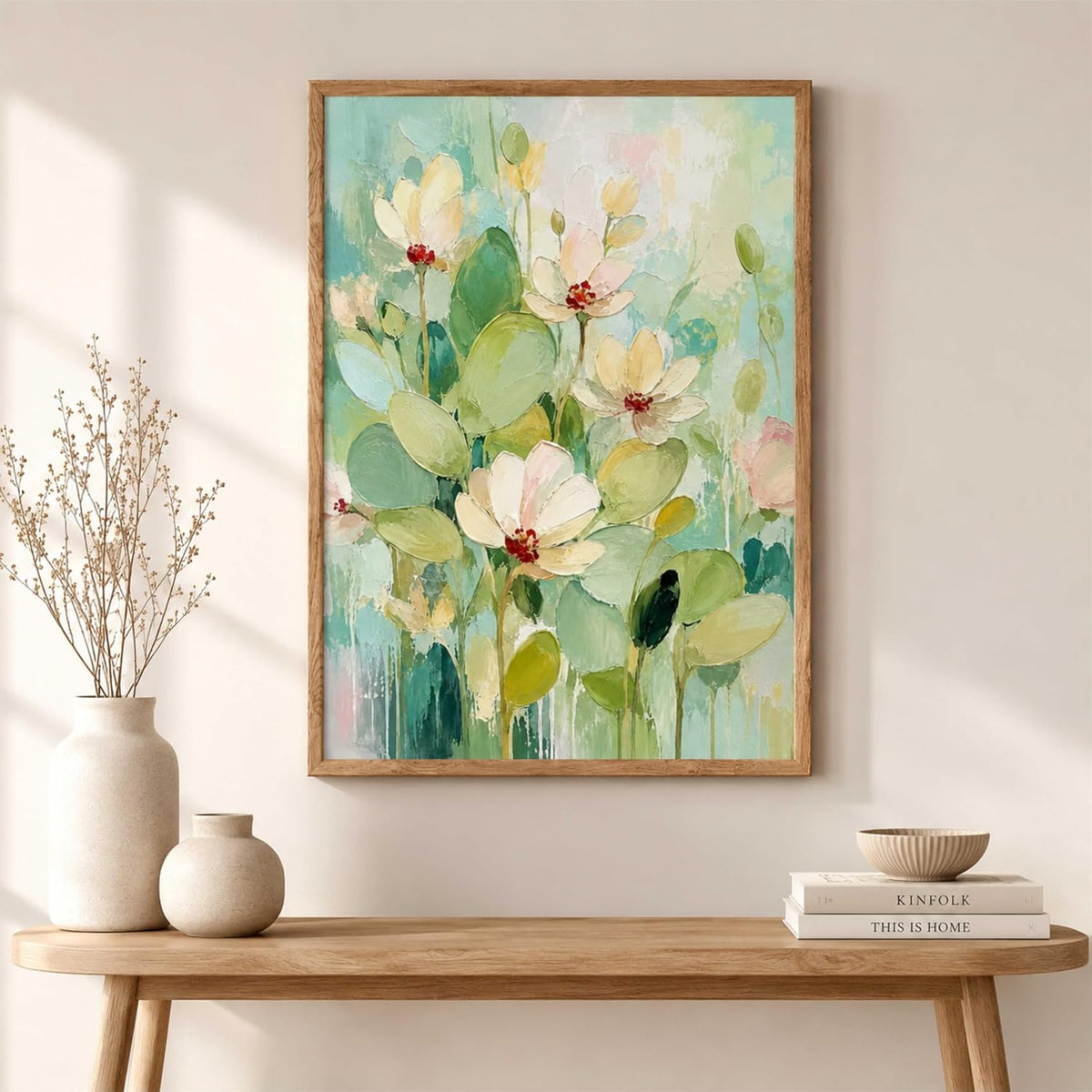 Pastel Floral Wall Painting for Living Room Bedroom Hall Office Decor, Soft Flower Artwork with Sparkle Laminate and Premium Wooden Synthetic Frame (19.5 x 25.5 Inch) NL01-4110