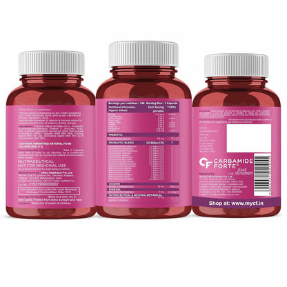 Three bottles of Carbamide Forte with pink labels on a white background