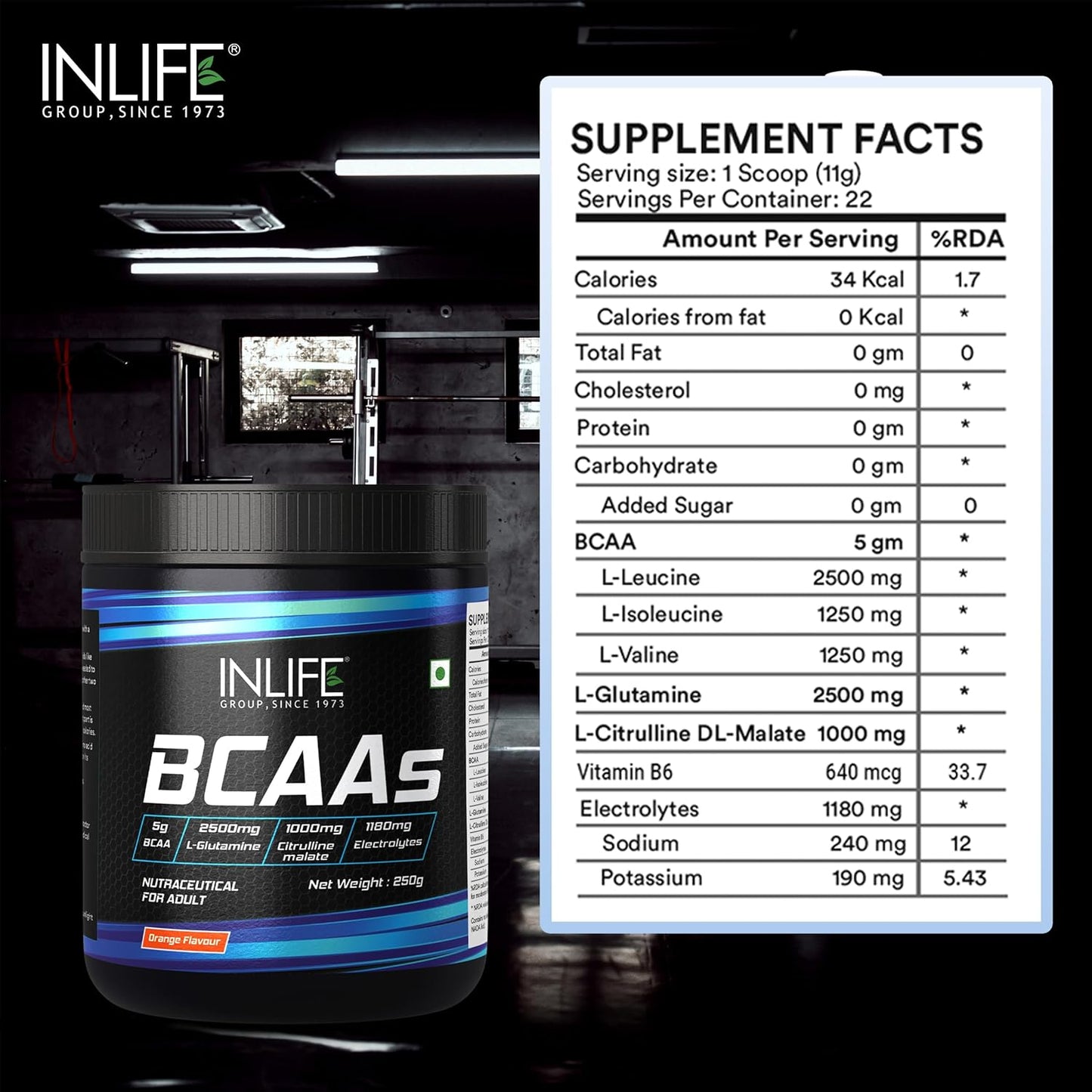 INLIFE BCAA Supplement 7g Amino Acids Instantized for Pre Post & Intra Energy Drink for Workout, 2.5g L-Glutamine,1g Citrulline Malate, 1180mg Electrolytes Powder (Orange, 250g)