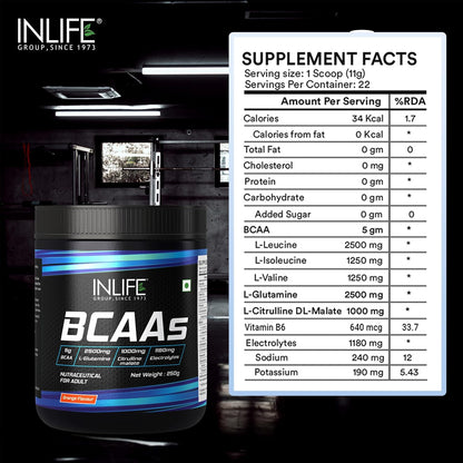 INLIFE BCAA Supplement 7g Amino Acids Instantized for Pre Post & Intra Energy Drink for Workout, 2.5g L-Glutamine,1g Citrulline Malate, 1180mg Electrolytes Powder (Orange, 250g)