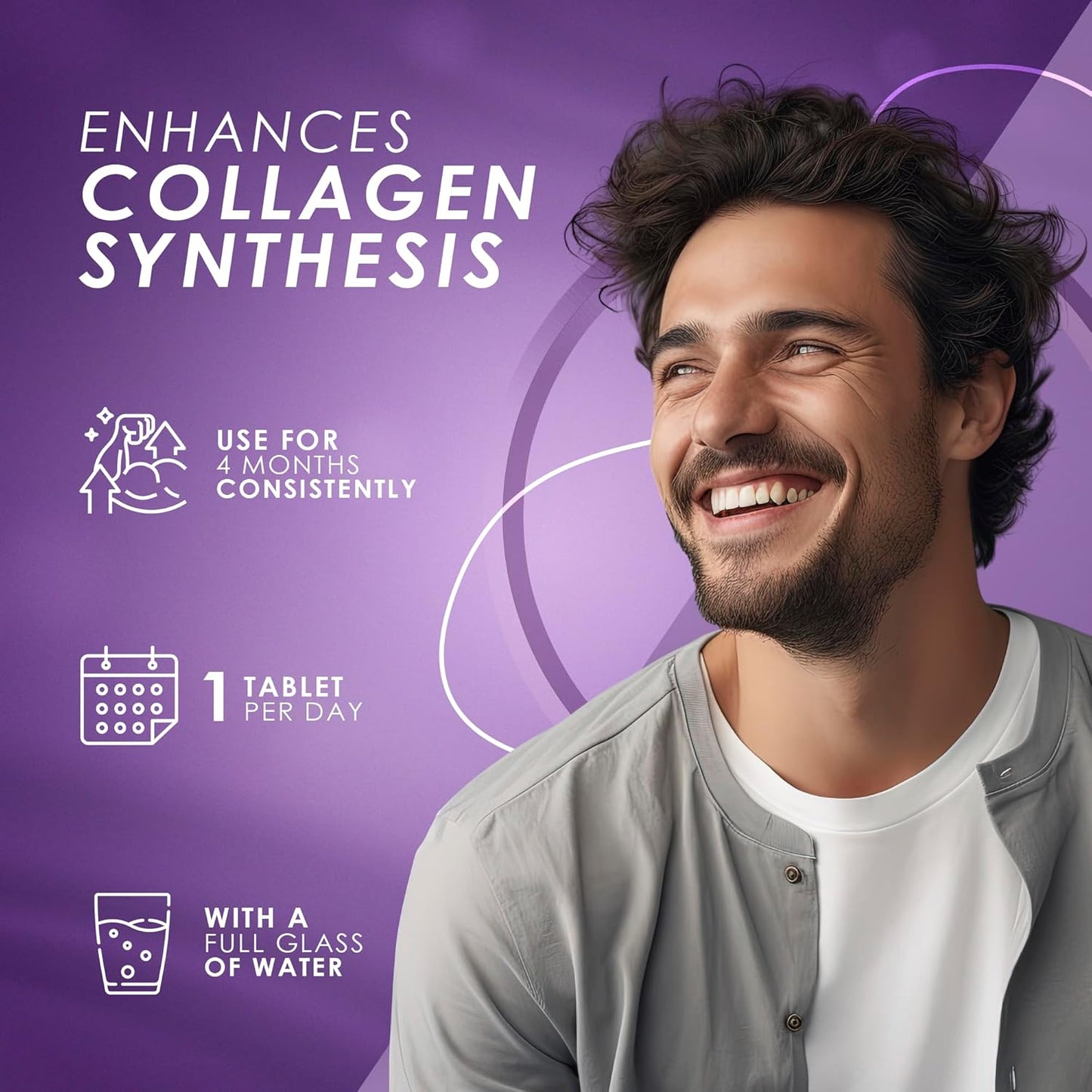 Man with a beard and smile on a purple background with text about collagen synthesis.