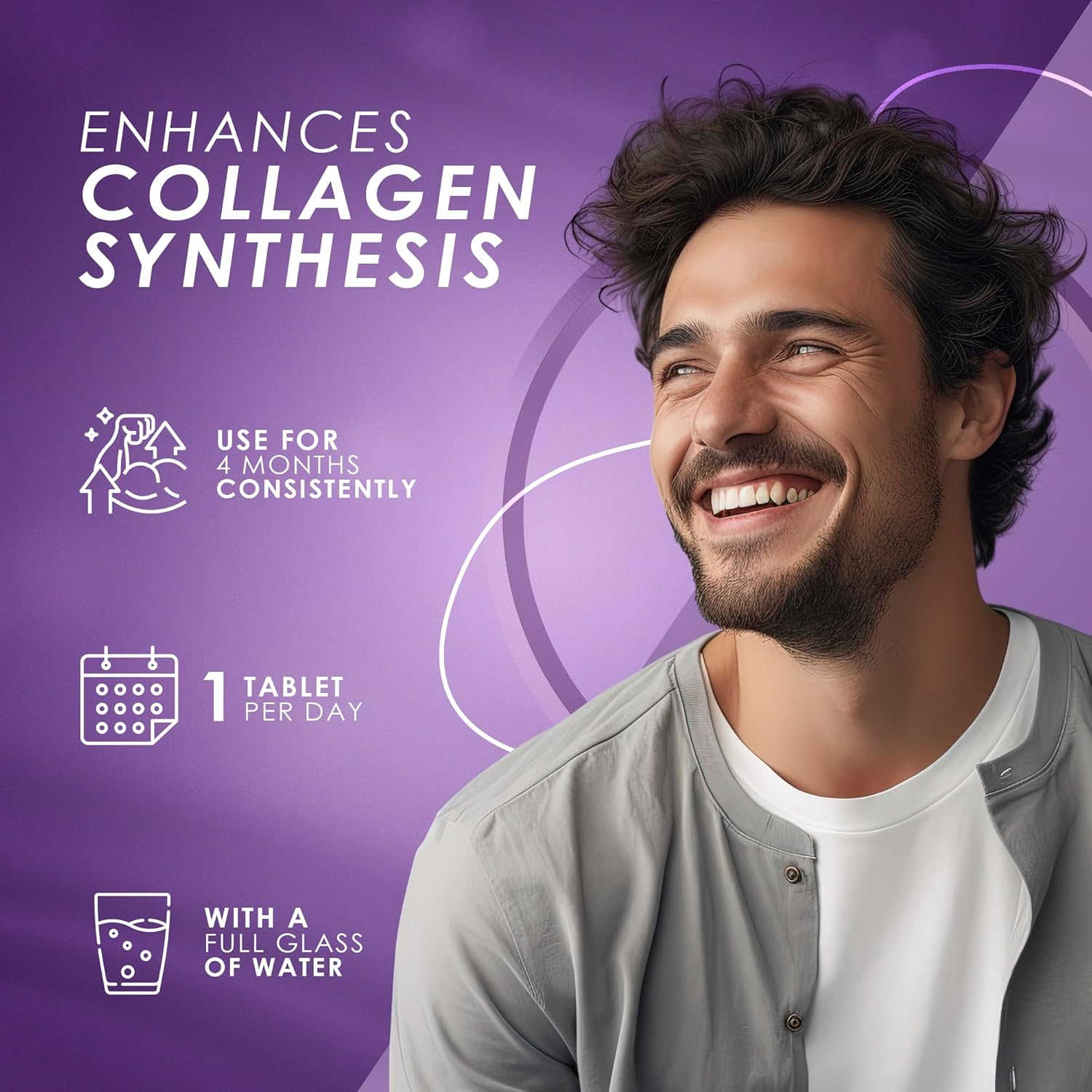 Man with a beard and smile on a purple background with text about collagen synthesis.