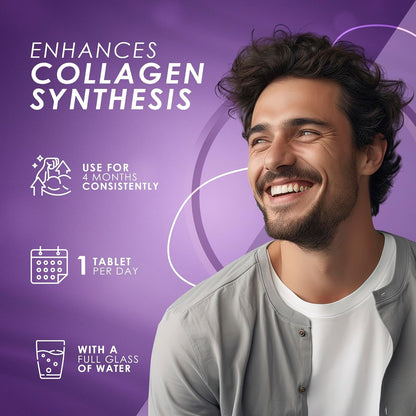 Man with a beard and smile on a purple background with text about collagen synthesis.