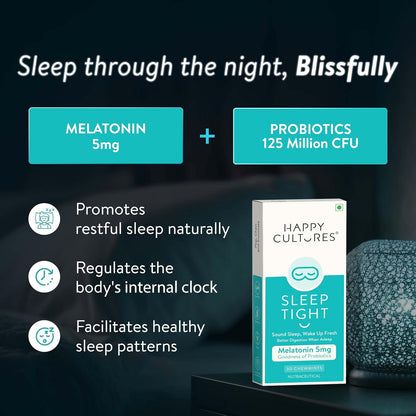 VELBIOM Happy Cultures Sleep Tight Melatonin 5Mg With Probiotic Sleep Deeper&Wake Up Refreshed Non Addictive,Natural,Clinically Tested,Natural Sleep Improves Digestion While Sleeping,30 Chewmints