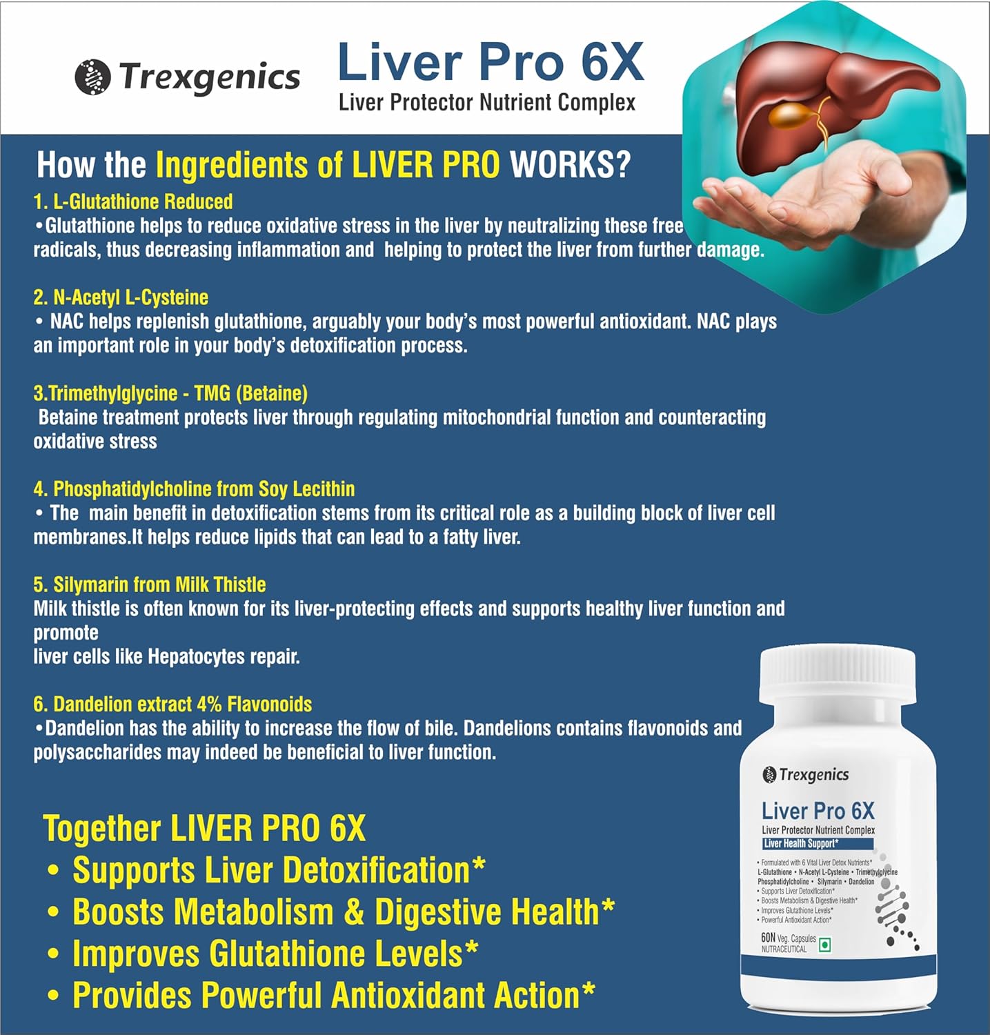 Trexgenics LIVER PRO 6X with L-Glutathione, Silymarin, N-Acetyl L-Cysteine, Phosphatidylcholine, Trimethylglycine (Betaine), Dandelion (60 Veg. Capsules (Pack of 1)