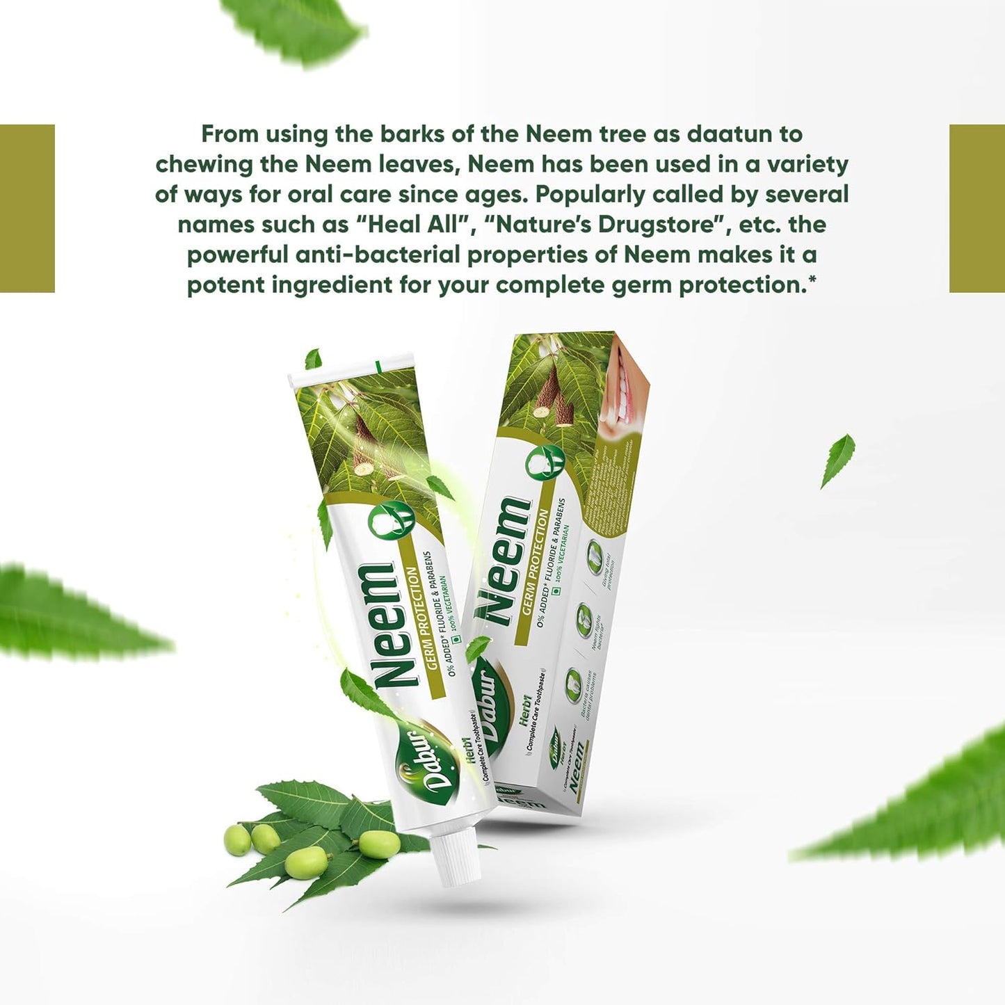 Dabur Herb'l Neem Germ Protection Toothpaste - 200g | No Added Flourides & Parabens | Neem Fights Bacteria (Pack of 2)