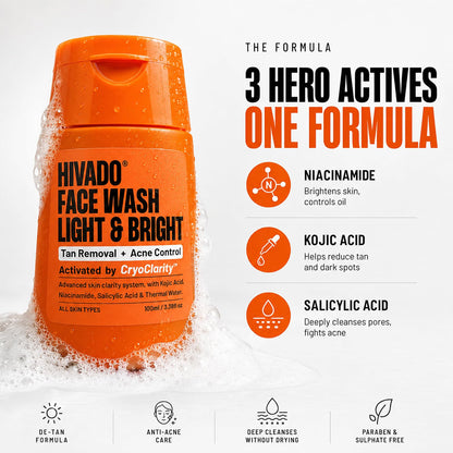 HIVADO Light & Bright Face Wash for Men 100ml | Kojic Acid, Niacinamide | Deep Cleansing, Oil Control & Brightening | For All Skin Types