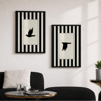 Flying Birds Wall Art Set of 2 Framed Paintings | Black White Striped Minimal Bird Silhouette Poster | Living Room Bedroom Home Décor (Art 13, 10x13 Inches, Black)