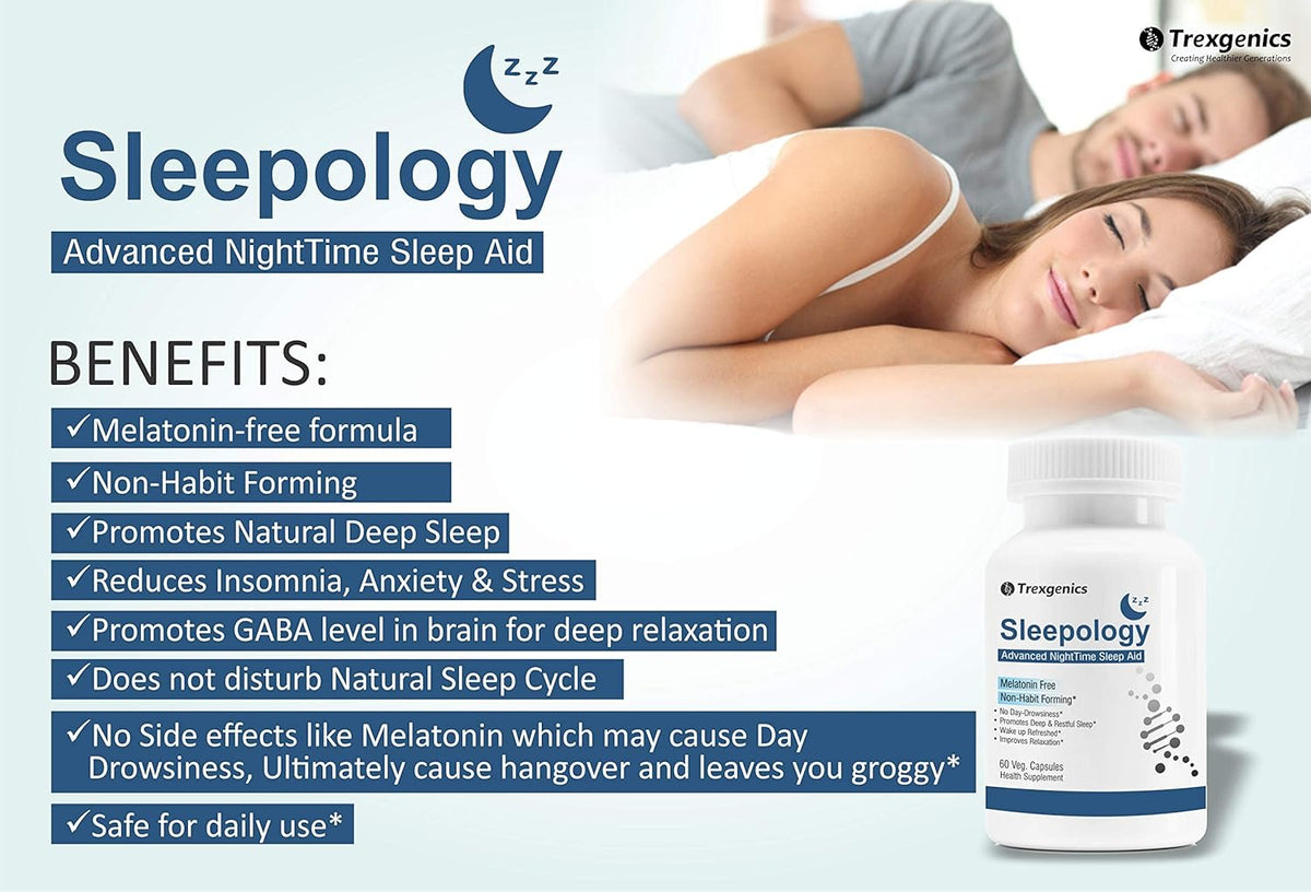 Advertisement for Sleepology sleep aid with a couple sleeping and product packaging.