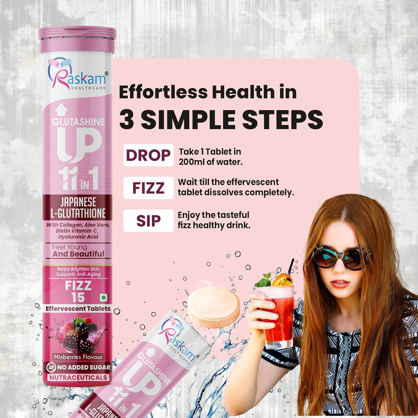 Raskam Glutashine UP 1+1 supplement packaging with a woman drinking a beverage on a pink background.