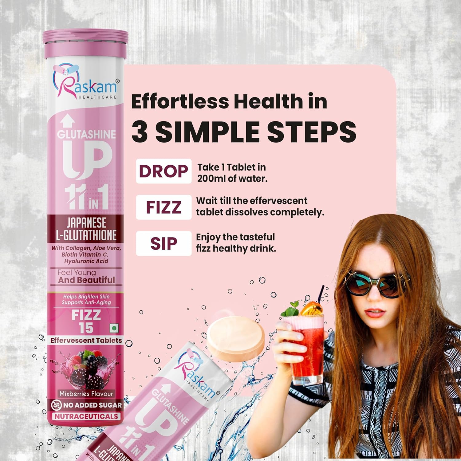 Raskam Glutashine UP 1+1 supplement packaging with a woman drinking a beverage on a pink background.