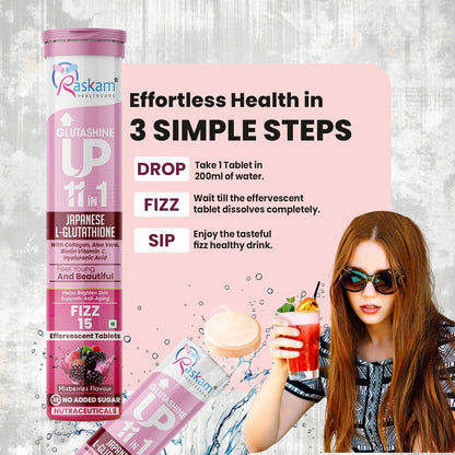 Raskam Glutashine UP 1+1 supplement packaging with a woman drinking a beverage on a pink background.