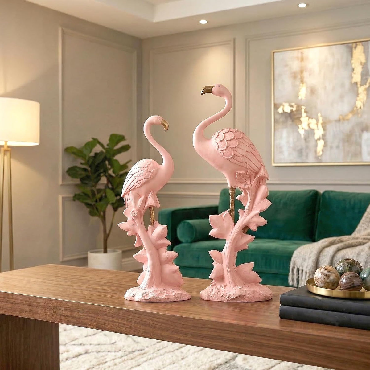 3x9 Inch Flamingo Figurines Idol for Decor & Giffting Item | Set of 2 Resin Loveing Bird Showpiece for Home Decor, Office Table | Pink