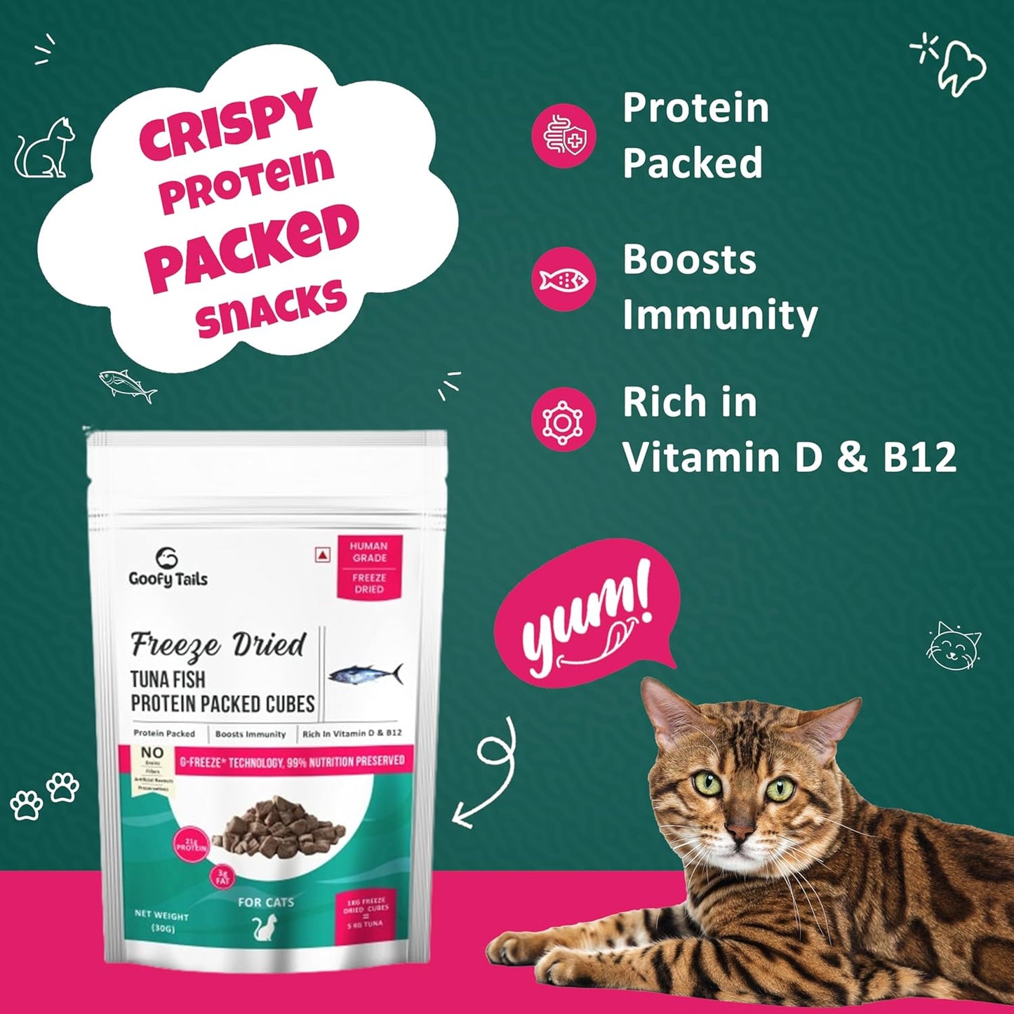 Goofy Tails Freeze Dried Tuna Chunk Cat Treats 30g, Single Ingredient Tuna Cat Treat, Gluten and Grain Free Treats for Cats, Protein and Omega 3, Antioxidant Rich, Easy to Digest Kitten Treat