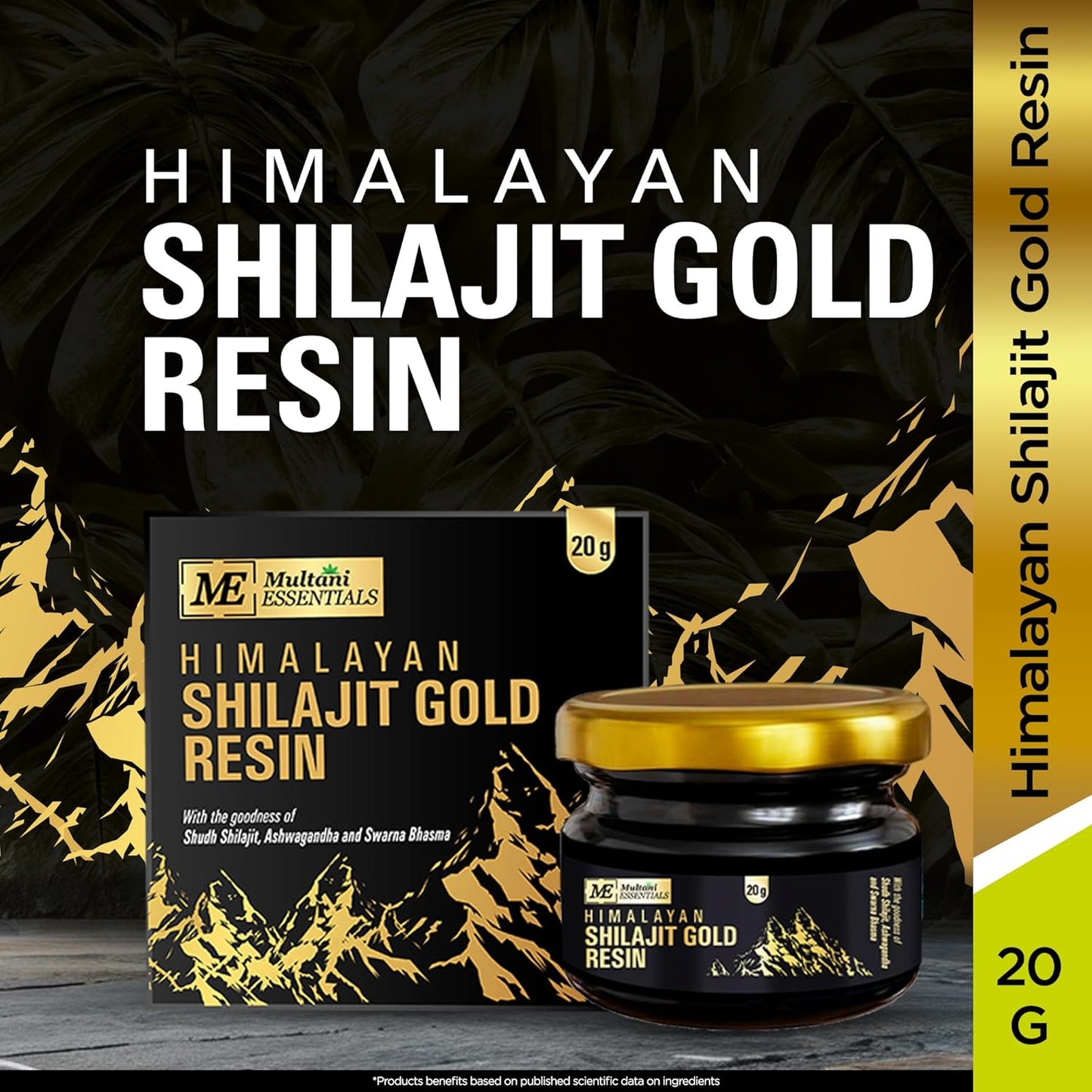 Himalayan Shilajit Gold Resin packaging with black and gold design on a dark background