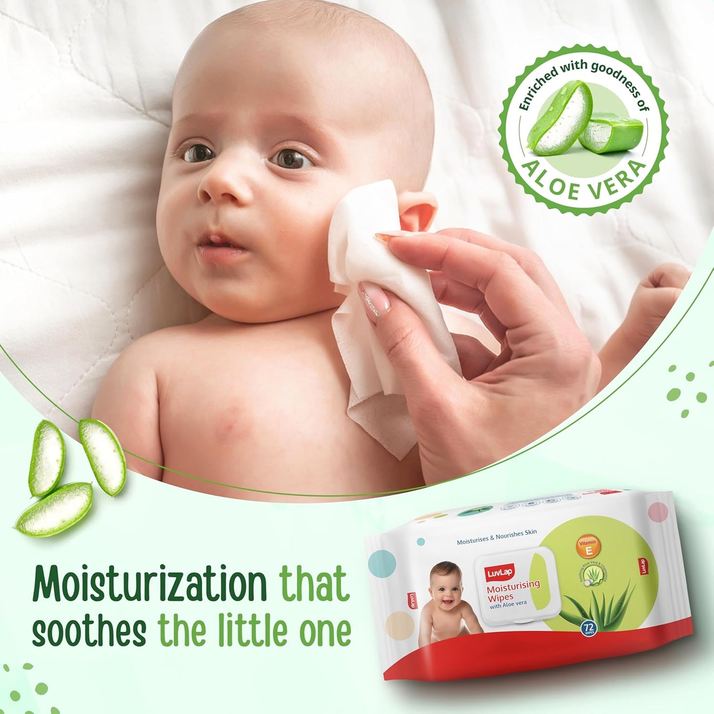 LuvLap Moisturising Wet Wipes with Lid For Baby Skin, Enriched with Aloe Vera, Vitamin E & Chamomile Extract, pH Balanced, Dermatologically Safe, Paraben & Sulphate Free, 72 Wipes
