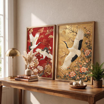 Aesthetic Japanese Crane Wall Art Painting with Cherry Blossom Flowers, Framed Nature Painting, Modern Art Home Decor for Living Room, Bedroom, Office Set of 2 (13X17 inch)